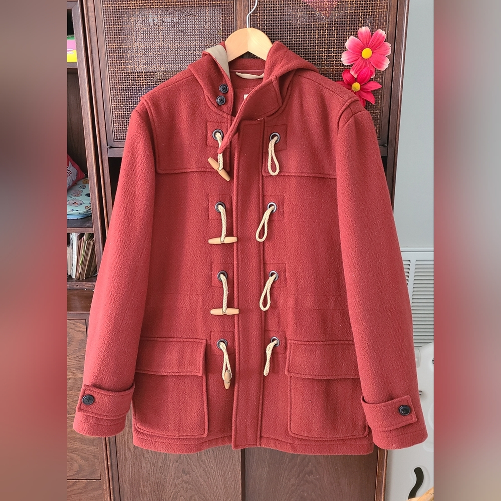 Land's End Men's Hooded Red Wool Toggle coat